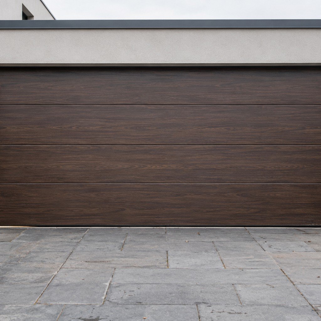 Dark timber-effect sectional door on a modern house
