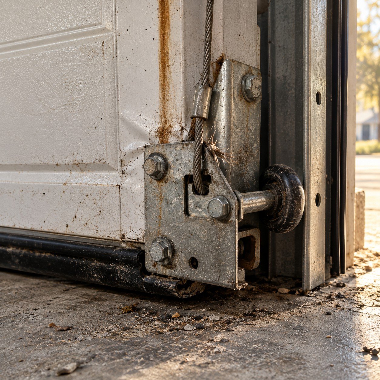 Bottom bracket and lift cable at the door's lower corner