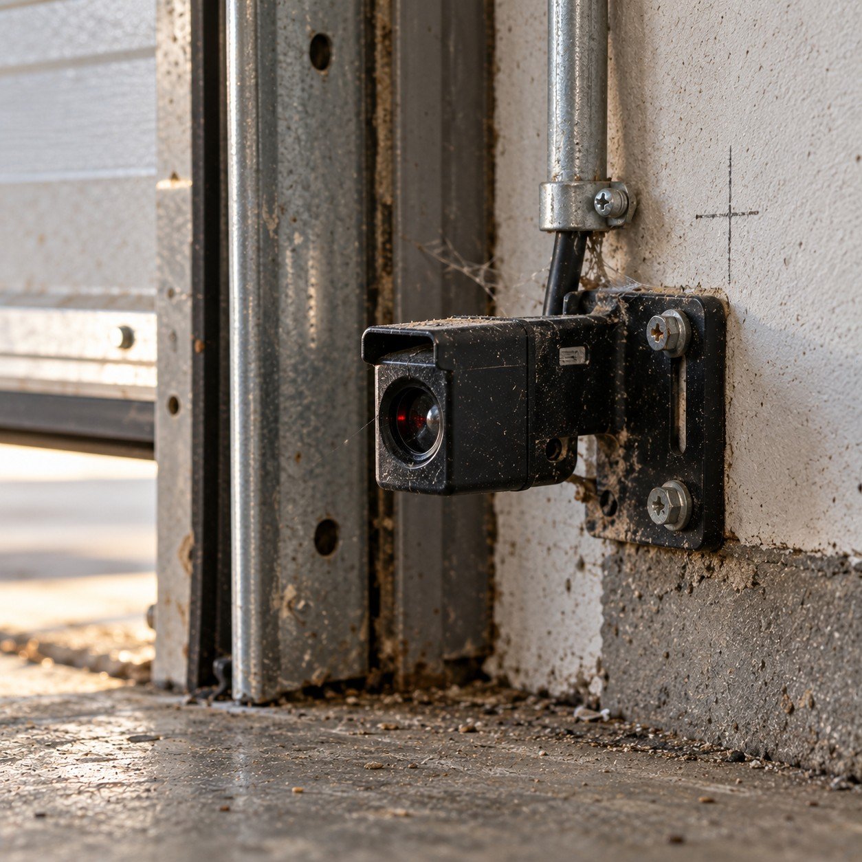 Photo-eye safety sensor on its bracket at the door jamb